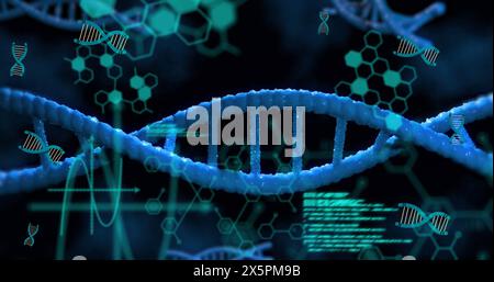 Image of data processing, dna and chemical structures floating against blue background Stock Photo
