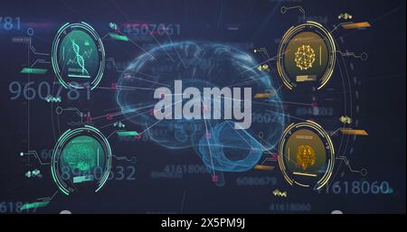 Image of dna strand, human brain and scientific data processing Stock Photo