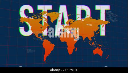 Image of start text and numbers processing over world map Stock Photo