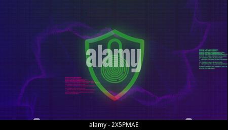 Image of fingerprint padlock in shield over computer language against abstract background Stock Photo