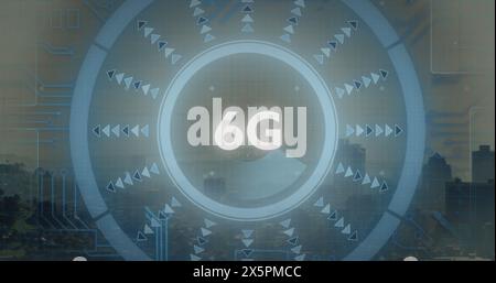 Image of 6g text over round scanner against aerial view of cityscape Stock Photo