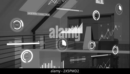 Image of radars, graphs, loading bars and circles over unoccupied chair and desktop in office Stock Photo