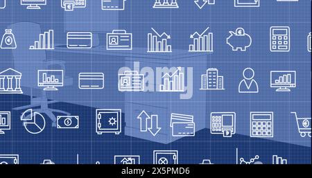 Image of multiple digital icons over grid network against office desk Stock Photo