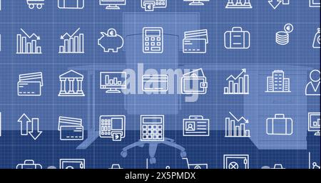 Image of multiple digital icons over grid network against office desk Stock Photo