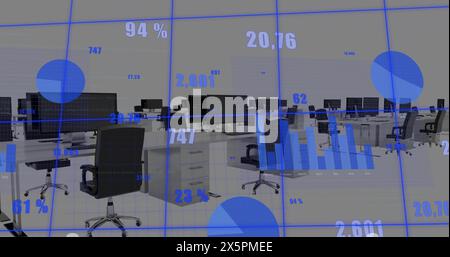 Image of multiple graphs with changing numbers over unoccupied chairs and desktops in office Stock Photo