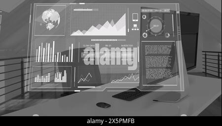 Image of graphs, loading circles and globes over unoccupied chair and desktop in office Stock Photo