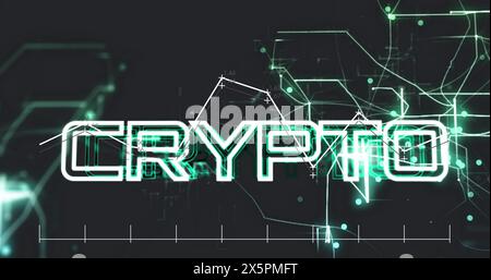Image of data processing over crypto text banner and light trails against black background Stock Photo