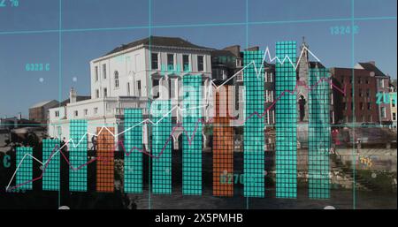 Image of data processing over cityscape Stock Photo
