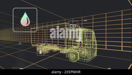Image of multiple digital icons over 3d truck model moving in seamless pattern in tunnel Stock Photo