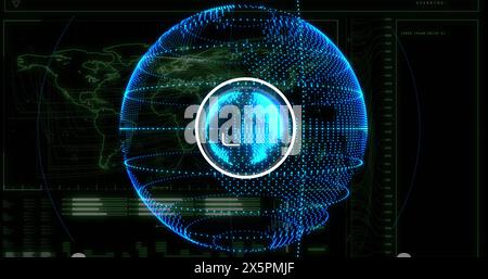 Image of interface with spinning globe, world map and data processing ...