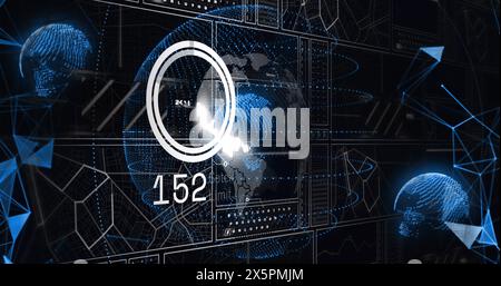 Image of loading circles with changing numbers over connected dots and globes Stock Photo