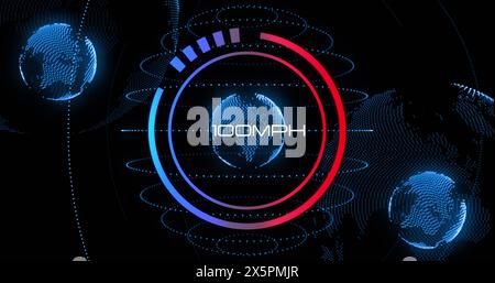 Image of changing numbers and globe in loading circles over globes against black background Stock Photo