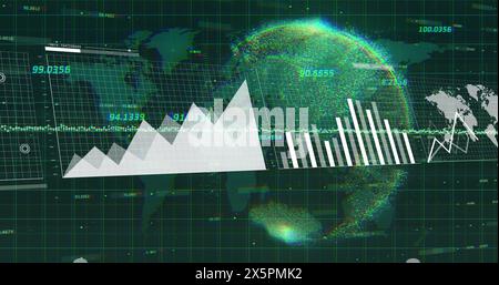 Image of graphs, map, loading bars, globe and map with numbers over black background Stock Photo