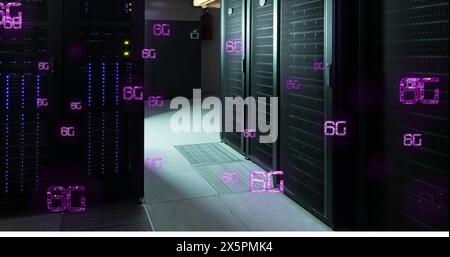 Image of 6g text banners floating against computer server room Stock Photo