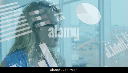 Image of infographic interface over caucasian woman looking through glass window Stock Photo