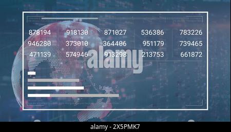 Image of changing numbers, graphs, loading bar over bars and rotating globe Stock Photo