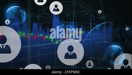 Image of profile icons floating over spinning globe and data processing against black background Stock Photo