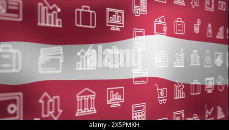 Image of interface with multiple digital icons against waving austria flag background Stock Photo