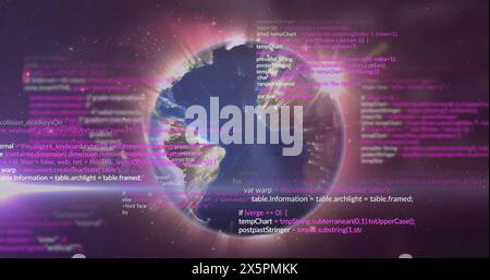 Image of changing numbers with computer language over rotating globe against space Stock Photo