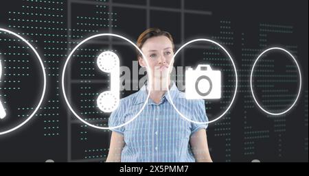 Image of multiple digital icons against caucasian businesswoman touching futuristic screen Stock Photo