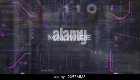 Image of malware, binary codes, computer language, binary codes over server room Stock Photo