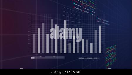 Image of graphs, loading bars, multiple graphs and trading boards over black background Stock Photo