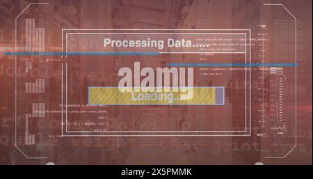 Image of text, loading bars and computer language over data server room Stock Photo