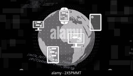 Image of icons, rotating globe and computer language over black background Stock Photo