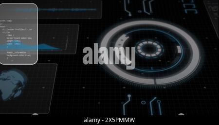 Image of computer language, graphs, loading circles and globe over black background Stock Photo