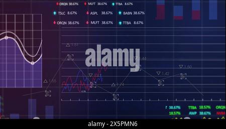 Image of graphs, changing numbers, trading boards and computer language over black background Stock Photo