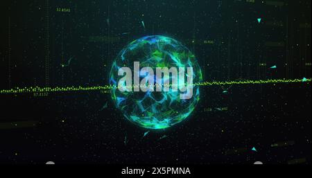 Image of graph and globe over loading circles and bars with graphs on black background Stock Photo
