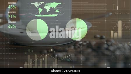 Image of multicolored infographic interface over coffee beans and cup on table Stock Photo