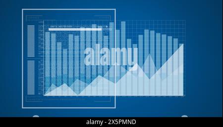 Image of loading bar with changing numbers, graphs, data over blue background Stock Photo