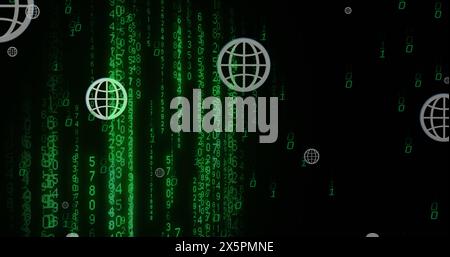 Image of globe icons over falling changing numbers and binary codes over black background Stock Photo