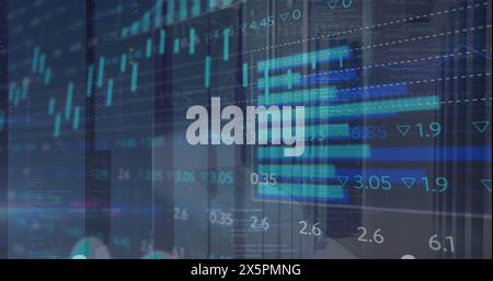 Image of multiple graphs and trading board over data server room Stock Photo