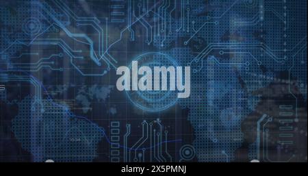 Image of graphs, map, computer language and circuit board pattern over server room Stock Photo