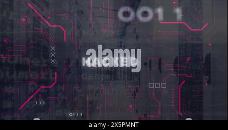 Image of hacked text, computer language, binary codes, circuit board pattern over server room Stock Photo