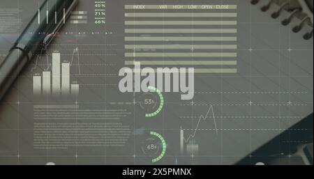 Image of multicolored infographic interface over pen on notepad Stock Photo