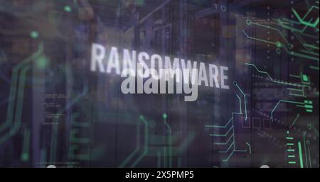 Image of ransomware, computer language, circuit board pattern over data server room Stock Photo