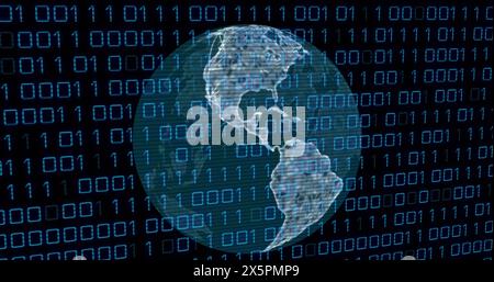 Image of binary codes and lines around rotating globe over black background Stock Photo
