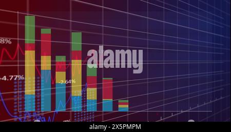 Image of multiple graphs with changing numbers over grid pattern against black background Stock Photo