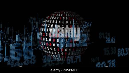 Image of graphs, binary codes forming globe and changing numbers over black background Stock Photo