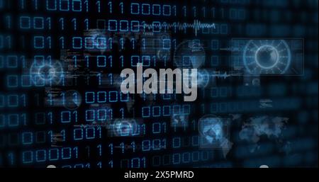 Image of binary codes, radars, maps, globes and computer language over black background Stock Photo