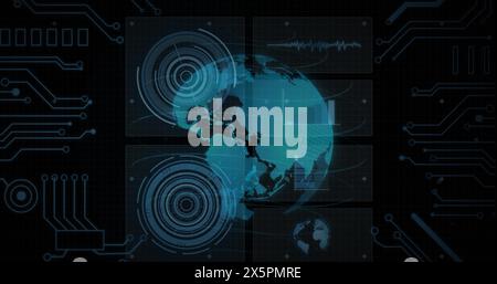 Image of circles, graphs, globe, circuit board pattern over globe against black background Stock Photo