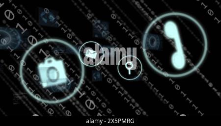 Image of icons, binary codes, radars, globes and computer language over black background Stock Photo
