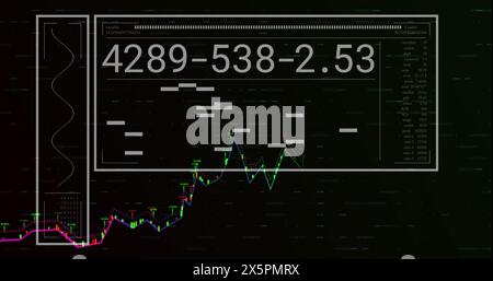 Image of lines, changing numbers, loading bars and multiple graphs over black background Stock Photo