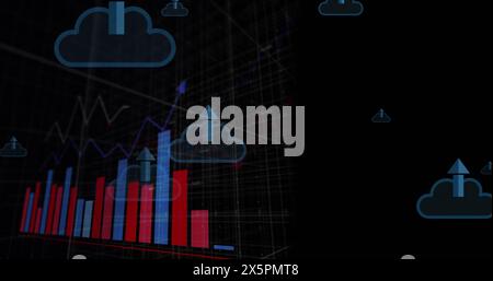 Image of arrow in clouds with multiple graphs and grid pattern over black background Stock Photo