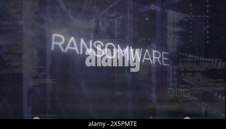 Image of ransomware text, computer language, binary codes, circuit board pattern, server room Stock Photo