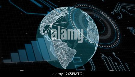Image of loading circles, graphs, globe and circuit board pattern over black background Stock Photo