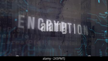 Image of encryption text and computer language over server room Stock Photo